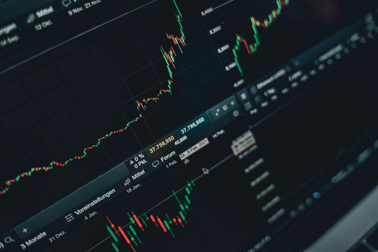 services-01 Close-up of stock market trading screen displaying financial growth and charts.